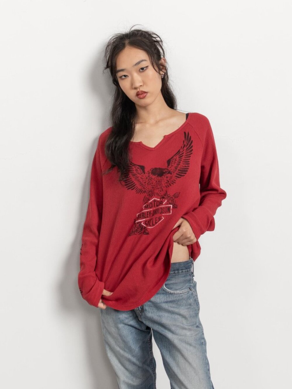 HARLEY WAFFLE TEE Vintage Long Sleeve T-Shirt Cotton Biker Xl